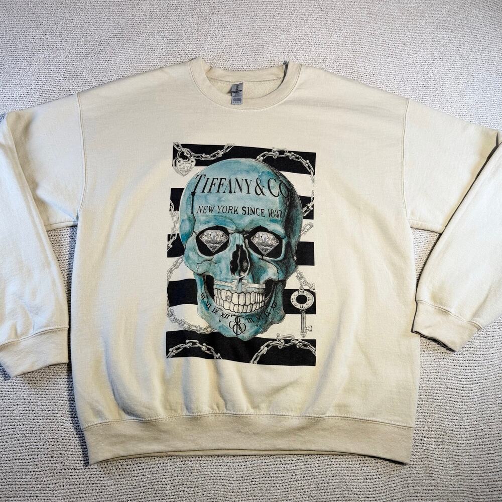 Boutique Tiffany & Co Style Skull Diamond Graphic Sweatshirt Cream Size - L
